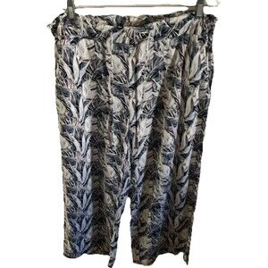 Jessica Riley Pants L White Blue Floral LINEN Blend Drawstring Wide Leg Stretch